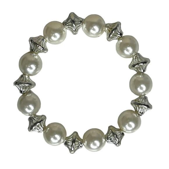 Silver Tone Faux Pearl, Rhinestone and Crystal Bead Bracelets Fashion Jewelry - Picture 3 of 10
